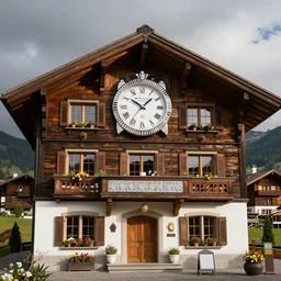 Beautiful Swiss chalet with a large clock in its front, 3d render, jewels, shiny silver, shiny gold, architectural render, Rolex, Breitling, Jacob & Co, Omega, Tag Heur, trending on cgsociety