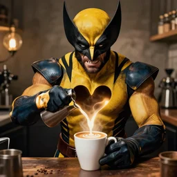 real photo of wolverine making coffee late art with hart shape