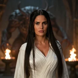 epic photo of salma hayek as beautiful wizard wearing a white satin robe in lord of the rings with long straight black hair fighting the terrifying balrog in the mines of moria, sweaty, detailed eyes, neutral expression, shallow depth of field, photorealistic, cinematic lighting, lovely bokeh, dungeon setting, dark moody light, strong rim light, movie quality, fire light, flames, lord of the rings 1 9 8 5, movie still
