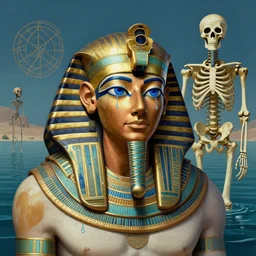 detailed matte painting of an egyptian warrior, blue eyes, surrounded by a lake of sorrow and tears, sacred geometry humanoid robot skeleton, by cameron gray