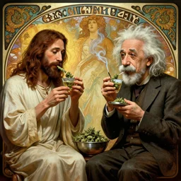 jesus christ and albert einstein smoking weed, drunk, in the afterlife, wholesome, octane render, hyperdetailed, beautiful, art, by greg rutkowski, mars ravelo, wlop, trending on artstation, alphonse mucha, in the style of