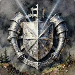 medieval coat of arms, pinterest, artstation trending, behance, watercolor, by coby whitmore, silver, laser light,