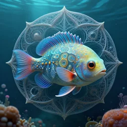 an extremely cute alien fish swimming an alien habitable underwater planet, intricately detailed, fractal hyperbolic sacred geometry, by greg rutkowski, art by jamie hewlett and z. w. gu, masterpiece, trending on artstation, 8 k