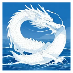 Japanese poster art of a white dragon in front of the sea during a storm, cliffs, clouds, thunder, 4k, colourful