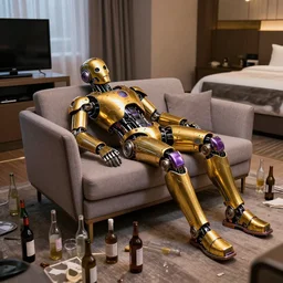 portrait photo of a shiny golden and purple metallic futuristic steampunk humanoid robot sleeping on a sofa in a modern hotel room, empty bottles all over the floor, broken tv monitor, messy, pressphoto, insanely detailed, wide shot