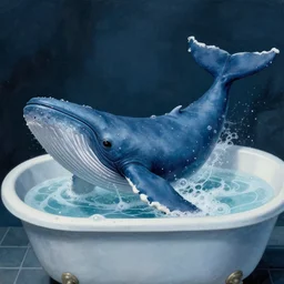 a blue whale swimming in a bubbly bathtub, illustrated in the style of Beksiński Zdzisław