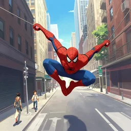 three - point perspective illustration of a spiderman swinging across a city street, by kim jung gi, paul heaston, makoto shinkai, digital art, panaromic view. extremely wide angle shot, trending on art station, 4 k uhd image