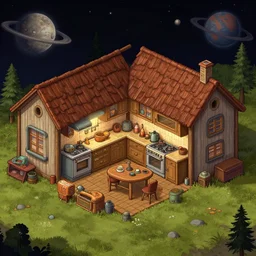 the kitchen of a farm house, on a remote planet, with retro sci fi furniture, from a space themed point and click 2 d graphic adventure game, detailed, set design inspired slightly by hg giger, art inspired by thomas kinkade