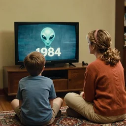 color film still of a boy and a mother watching tv, alien ( 1 9 8 4 ).