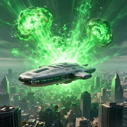an alien mothership crashlands into a sprawling metropolis, gigantic green explosions of energy, digital painting masterpiece, concept art, 4 k wallpaper, beautiful, advanced lighting technology, intense cinematic quality