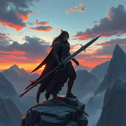 male warrior with greatsword standing on the egde of cliff, majestic attire, long black hair, art by artgerm, greg rutkowski, blizzard entertainment, ichigo kurosaki, fromsoftware concept art, dark souls cover art, elegant and intricate aesthetic, stunning landscape, mountain environment on sunset art
