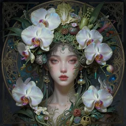 portrait of the young goddess of iridescent orchids descend into the cyberpunk lights, unusually unique beauty with large elaborate headdress of flowers and plants and vegetables, emotionally evoking symbolic metaphors, head in focus, fantasy, heavily gothic ornamental, intricate, elegant, sensual, highly detailed digital painting, artstation, concept art, painterly, golden ratio, sharp focus, illustration, art by greg rutkowski and alphonse mucha,