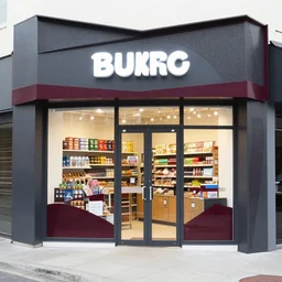 Award winning shopfront design, convenience store, dark grey, anthracite with burgundy accents, perforated metal, paint, laser cut textures, highly detailed, bright signage, vinyl on glazing, retaildesignblog.net, pinterest, coroflot, behance.net, trending, best of