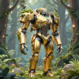 large walking mech covered in gold and silver armor, horizon zero dawn aesthetic, covered in moss and birds, glowing lights, beautiful forests and trees, intricate detail, epic wallpaper, art by darek zabrocki and John Park and Feng Zhu and Jason Chan, trending on artstation, masterpiece.