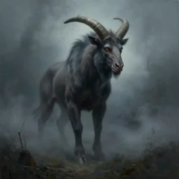 a creepy atmospheric painting of a slender minotaur creature emerging from the mist. painting by greg rutkowski.