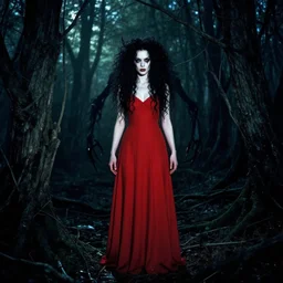 in the style of joshua middleton, artgerm, full body, pretty alyson hannigan full body, evil dead demon, evil dead movie, red dress, full body, symmetrical eyes, symmetrical face, long curly black hair, trees, forest, full body, branches, full body, cinematic lighting, evil dead creature, scary, artgerm