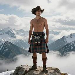 a homoerotic portrait by greg rutkowski and albert bierstadt of a handsome shirtless desi mountaineer on a mountain peak | he is wearing a short tartan kilt, cowboy hat, and leather boots | background is snowy mountains and clouds | detailed face, dramatic, ethereal, dreamlike | trending on artstation