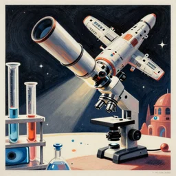 editorial illustration scientific lab test tube telescope microscope spaceship, fine texture, dynamic composition, detailed, matte print, dynamic perspective, colorful modern, mads berg