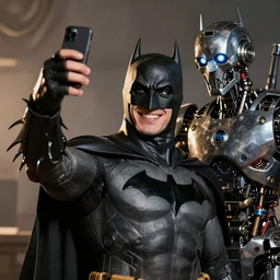 Photography, Batman taking a selfie with robot of killer machines, big smile