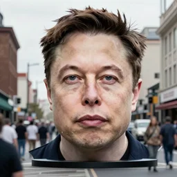elon musk with a giant head, street photo. 4k
