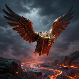 a magic galleon with wings flying in the sky, dark clouds, rivers of lava, epic, fantasy, dramatic lighting
