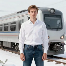 nhl player john scott dressed in white shirt and jeans standing in front of snowpiercer train, matte painting, digital art, highly detailed, smooth, artgerm, trending on artstation,