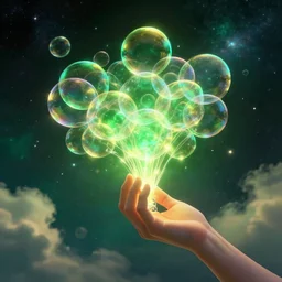 a high quality artwork, human hand holding a bunch of soap bubbles in a cosmic space full of stars and clouds, volumetric light, green and yellow colors, digital art, feautured on artstation