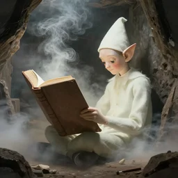 An Elf reading a giant novel inside of a dusty chamber full of smoke by Tatsuo Miyajima and Terry More, artstation