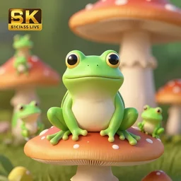 photo, cute frog, flay, sitting on a mushroom, various poses, soft light, faded colors, well framed, sharp focus, 8 k