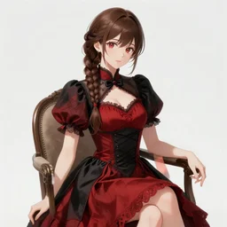 beautiful woman with braided brown hair, wearing an elegant dress, and sitting on a chair, highly detailed, red and black color palette, intricate, high quality anime artstyle