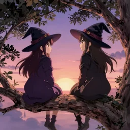 two young witches watch the horizon, sitting on a branch tree anime style, japanese art, manga, highly detailed, magical, japan, digital painting, concept art, matte,
