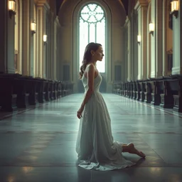 a young woman in an empty cathedral, sideways, on her knees, wearing a white dress, sideway, sharp focus, high contrasts, full body, establishing shot, fantasy, digital art by greg rutkowski in the style of disco elysium, trending on artstation