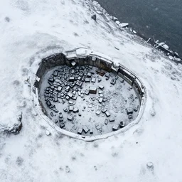 abandoned mine and crates full of supplies buried in snow::2 snowy region on coast of Iceland, aerial drone perspective, top down view ::1 sattelite image of snow from 250 meters height, some coal boxes and barrels are covered in snow, old mine remains :: 1 post apocalyptic, snowstorm ::5