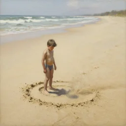 a full shot of a little man made of sand, standing on a beach, slowly eroding due to wind, subtle, intricate details, real masterpiece, oil on canvas, by john smith