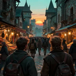 close behind the back of two fantasy adventurers, extreme close up of two adventurers in high contrast, busy market street, big crowd, sunset, street lamps, fantasy medieval city, extremely crowded, spice shop, royo, greg rutkowski, digital art, cinematic, teal orange color palette