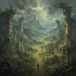 fantasy desktop background, painting, magical, landscape, intricate and detailed environment, raytracing, compute shaders, soft lighting, sharp focus