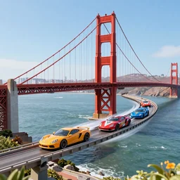 a photorealistic rendering of a hot wheels track of the goldengate bridge with cars rocketing off the end into the water below