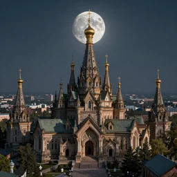 Beautiful alchemy cityscpae, the moon is in the sky. By Konstantin Razumov, highly detailded