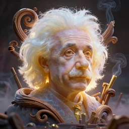 einstein made of soft translucent wax, wooden art nouveau swirls, strong subsurface scattering, smoke, tubes, gold elements, subsurface scattering, in the style of ruan jia and beeple and giger, subsurface scattering, mystical colors, back light, rim light, dramatic lighting, 8 k, stunning scene, big bang, raytracing, octane render, trending on artstation