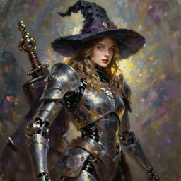 extremely detailed oil painting portrait of a robotic witch knight scavenger, art by Greg Rutkowski and WLOP
