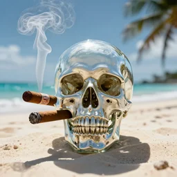 a glass skull smoking a perfect cuban cigar, varadero beach, cinematic photography, smoke rising like clouds, symmetrical, super resolution, cgi, volumetric lighting & shadows, hyper detailed, 8 k, unreal engine,