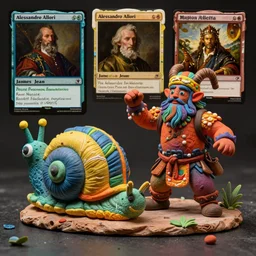 a colorful clay ( snail ) humanoid! creature barbarian merchant approaching, action pose, fantasy art painted by alessandro allori, james jean and rene magritte ( rpg reference sheet ), style of magic the gathering, high contrast!, vibrant colors, matte