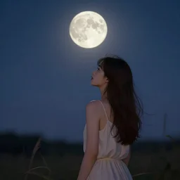 the beauty girl standing under a full bright moon, in the evening, cosy environment, back to face, simple and fresh style, dark tones