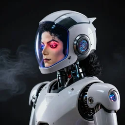 photo of robot with michaeljackson inside, leds visor helmet, profile pose, bust shot, high detail, studio, black background, smoke, sharp, cyberpunk, 8 5 mm sigma art lens