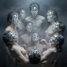a group of human bodies intertwined, foggy, faces made up of diamonds, in the style of araki, rothko, klimt