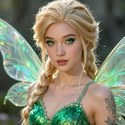 a close - up of beautiful tattooed blonde fairy wearing a magical emerald leotard in disney land, hyper realistic face, green eyes, fantasy art, in the style of greg rutkowski, illustration, epic, fantasy, intricate, hyper detailed, artstation, concept art, smooth, sharp focus, vibrant
