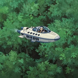 a spaceship landing in the middle of a forest, art by hayao miyazaki, studio ghibli film, hi res, 4k, high detail