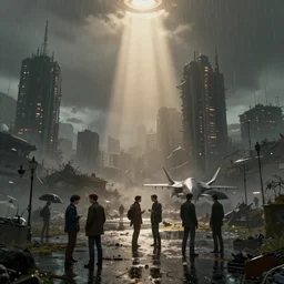 A landscape with a dystopian city, rain, puddles, oil, people are talking in the foreground, volumetric lighting, ray lighting from top of frame, crepuscular ray lighting from above, dynamic lighting, muted colors, by Greg rutkowski, thomas kinkade, Andreas rocha, john howe, pixar, f16, hd