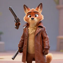 portrait, 3 d render, anthropomorphic coyote male, wearing along brown leather maxi coat, holding a gun, in the style of zootopia