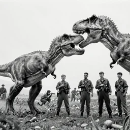 t rex fighting alongside us soldiers in the vietnam war, black and white, eddie adams, david burnett, robert capa, al chang, niel davis, marc riboud